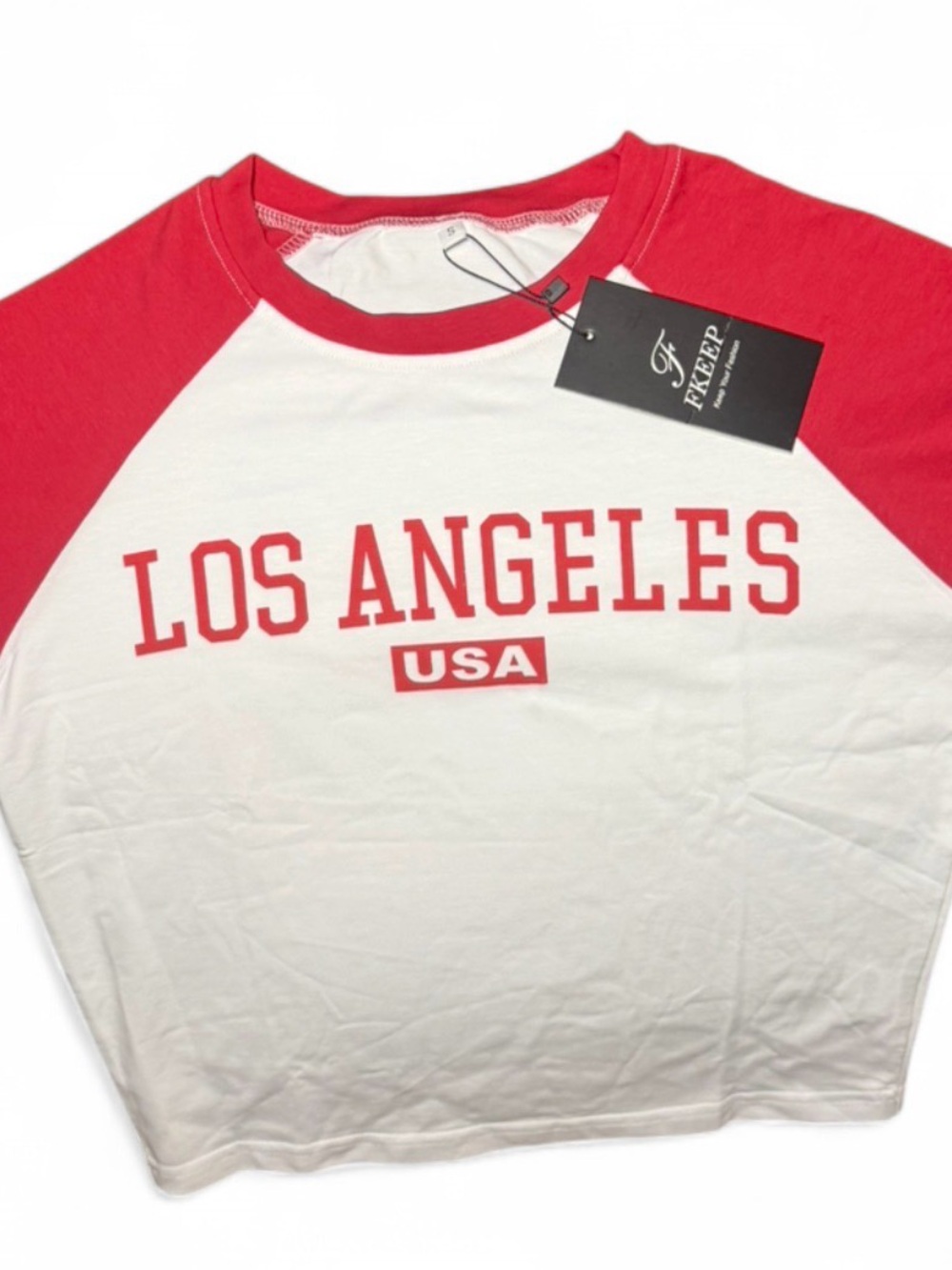 NWT FKEEP Los Angeles USA Women’s Crop Baseball Tee Red White Varsity Size Small